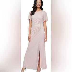 SLNY Glitter Mesh Sheath Gown with Beaded Shoulder Pastel Pink Dress
